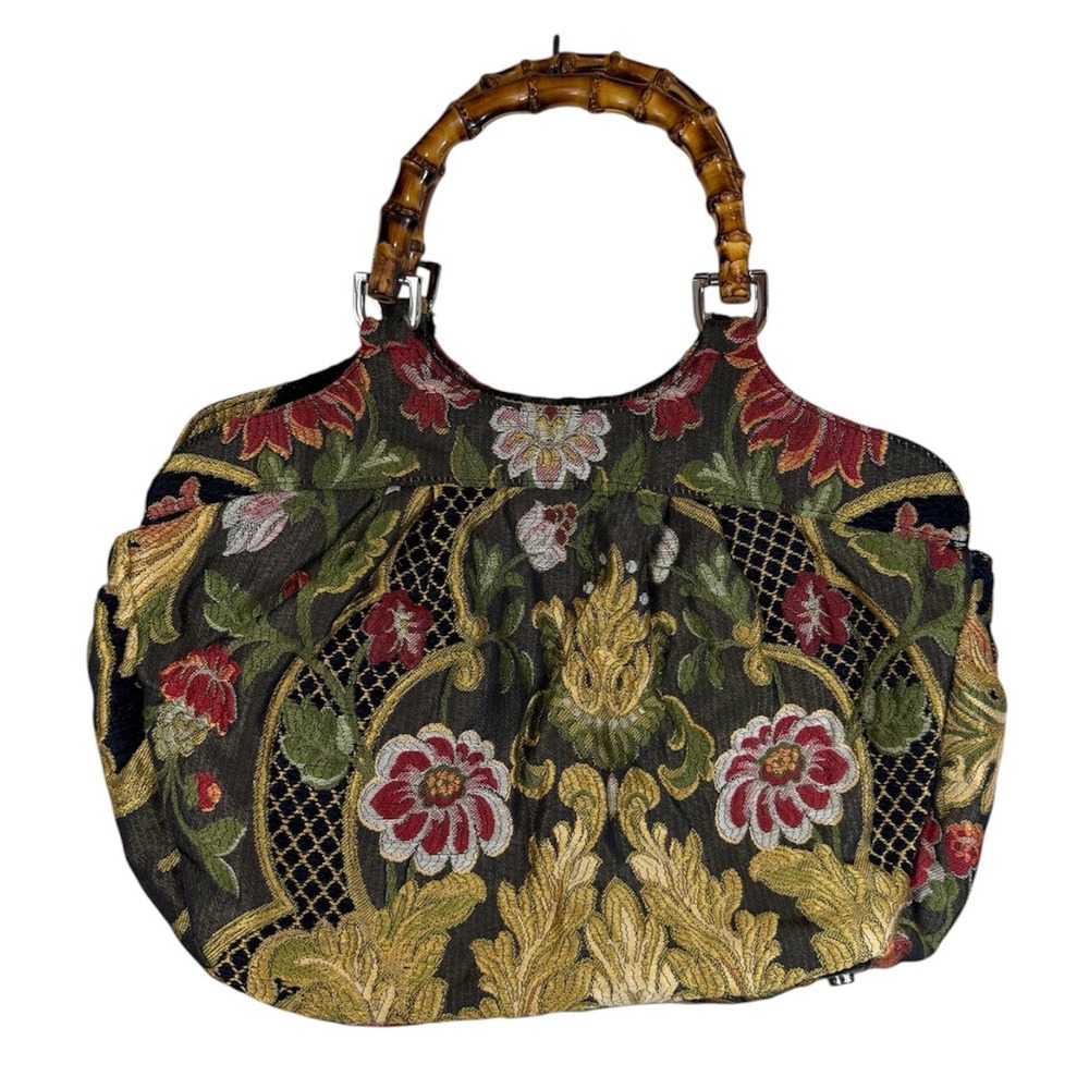 VTG Talbots Green Floral Tapestry Bamboo Handle Handbag